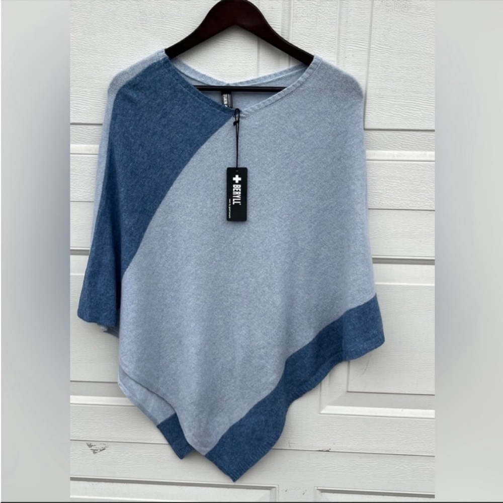 +BERYLL Two Tone blue Cashmere Poncho One Size NWT
